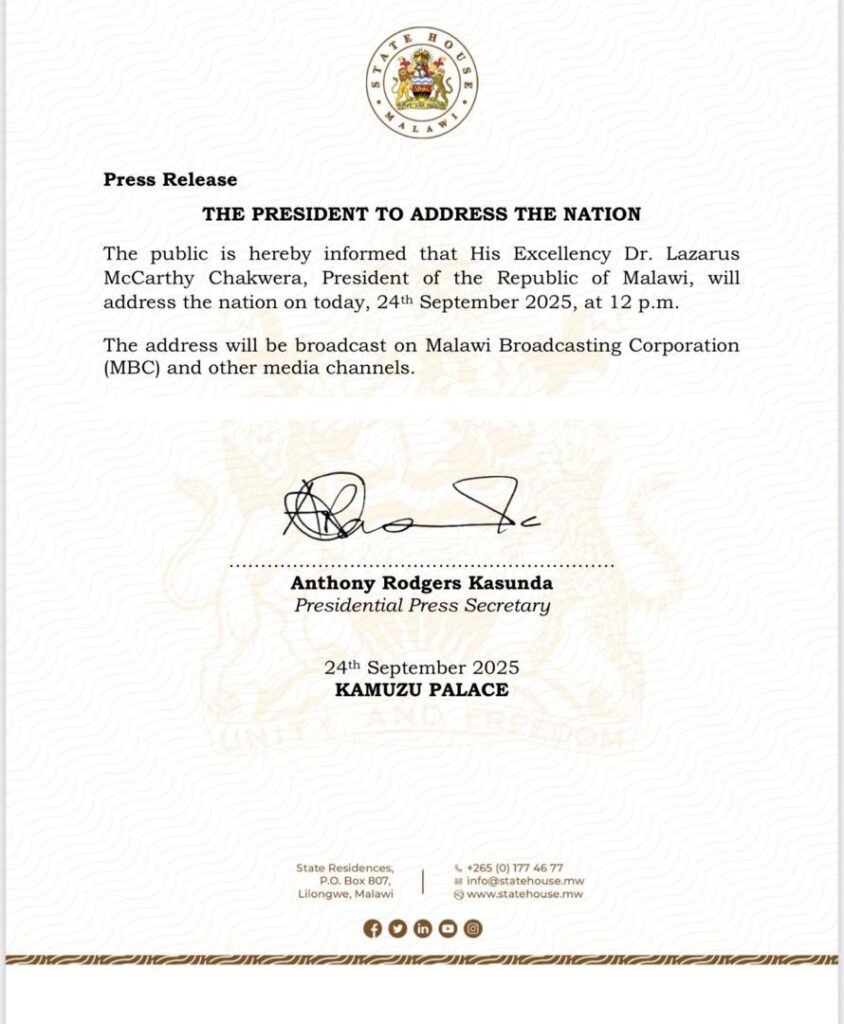 Malawi State House announces President Chakwera’s national address on election outcome
