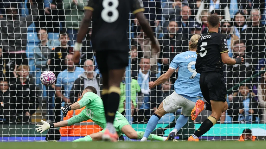 Erling Haaland fires home one of his two goals to complete City’s 5-1 win over Burnley.