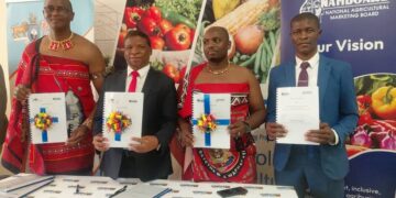 Officials from EWADE and NAMBoard display the signed MoU aimed at supporting smallholder farmers in Eswatini.
