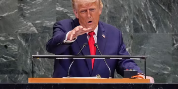 President Donald Trump addresses the United Nations General Assembly on Tuesday. Richard Drew/AP