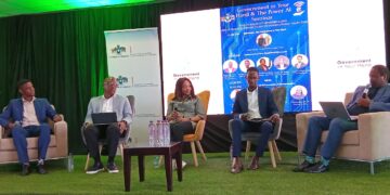 The panel, from left to right; Sabelo Gama from Central Bank of Eswatini, Bhekani Dlamini from CANGO, Nokuthula Hlophe from ESCCOM, Celumusa Thusi from Hopemat and Bonga Ndlangamandla from the ministry of ICT (Moderator)