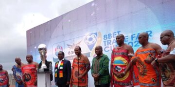 His Majesty King Mswati III joined by Zimbabwe President Emmerson Mnangagwa, former Botswana President Ian Khama, former South African President Jacob Zuma and other dignitaries as they receive the 8Bet Trade Fair Cup trophy during the opening of the Eswatini International Trade Fair at Mavuso Sports Centre.