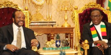His Majesty King Mswati III with Zimbabwean President Dr Emmerson Mnangagwa during the State Banquet