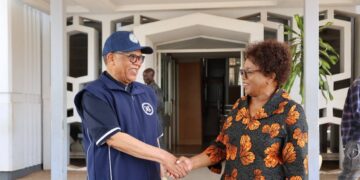 Hon. Themba Nhlanganiso Masuku shares a light moment with Malawi’s Minister of Foreign Affairs, Nancy Tembo, during a courtesy call in Lilongwe.