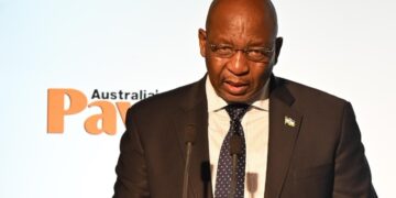 Lesotho Prime Minister Samuel Ntsokoane Matekane delivering his keynote address at the Africa Down Under Mining Conference in Perth, Australia.