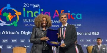ICT Minister Savannah Maziya receives a special recognition award for her leadership in digital transformation during the India–Africa Business Conclave in New Delhi, India.
