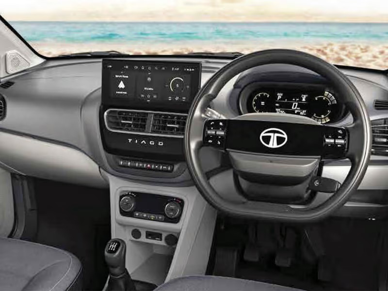 The Tiago’s steering wheel has an illuminated badge.