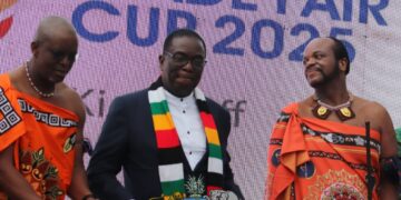 Zimbabwe President Emmerson Mnangagwa delivers his speech at the 57th Eswatini International Trade Fair as His Majesty King Mswati III looks on during the opening ceremony in Manzini