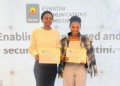 Siphesihle Shongwe and Tembuso Ngwenya posing for the lenses after they were awarded scholarships by ESCCOM to study Electrical and Electronic Engineering and BSc in Computer Science at the University of Eswatini. | Pic, ESCCOM