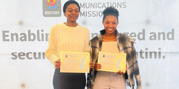 Siphesihle Shongwe and Tembuso Ngwenya posing for the lenses after they were awarded scholarships by ESCCOM to study Electrical and Electronic Engineering and BSc in Computer Science at the University of Eswatini. | Pic, ESCCOM