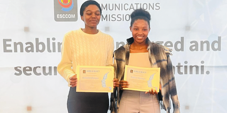 Siphesihle Shongwe and Tembuso Ngwenya posing for the lenses after they were awarded scholarships by ESCCOM to study Electrical and Electronic Engineering and BSc in Computer Science at the University of Eswatini. | Pic, ESCCOM