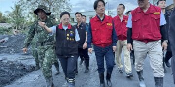 President Lai Ching-te (front, third left), Hualien County Magistrate Hsu Chen-wei (front, second left) and Central Emergency Operation Center chief coordinator Chi Lien-cheng (front first right) inspect damages in Hualien County's Guangfu Township on Sunday. CNA photo Oct. 5, 2025
