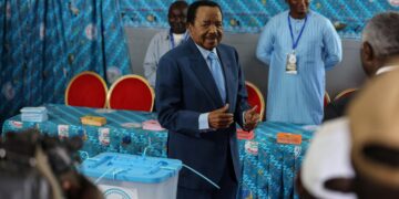 Cameroonian President Paul Biya, 92, who is seeking an eighth term reacts after he casted his ballot during the presidential election in Yaounde, Cameroon on Sunday. Zohra Bensemra/Reuters