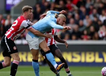 Haaland powers through Brentford’s defence to slot home the winning goal for Manchester City.