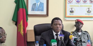 Cameroon's Minister of Territorial Administration Paul Atanga Nji addresses the media in Yaounde during a press conference