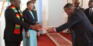 H.E. Baltazar Diogo Cristovao, Ambassador of Angola, submits his credentials to President Emmerson Mnangagwa at State House, Zimbabwe.