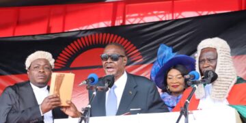 President Arthur Peter Mutharika takes the oath of office during his swearing-in ceremony at Kamuzu Stadium in Blantyre. Photo by Malawi State House