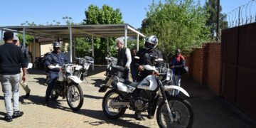 Some of the six motorbikes donated by GIZ being handed over to the Lesotho Mounted Police Service at the Arrival Centre in Maseru. Photo by Lesotho Mounted Police Service