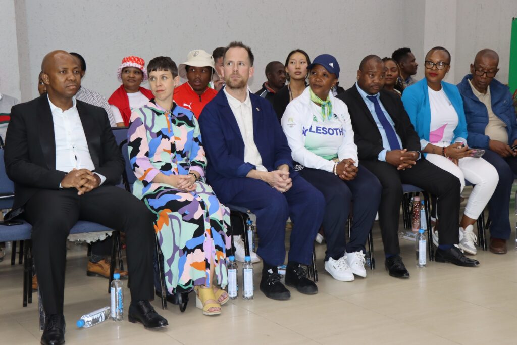 Minister Hon. Motlatsi Maqelepo, British High Commissioner Martine Sobey, and other dignitaries attend the opening of the Maseru Youth Games at the stadium in Maseru. Photo by Lesotho Ministry of Tourism, Sports, Arts and Culture