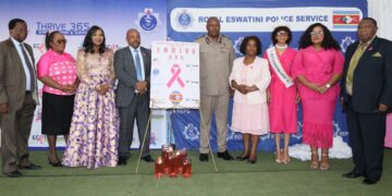 Minister of Health Hon. Mduduzi Matsebula with health partners and officials at Matsapha Police Academy launching Eswatini’s Pinkctober campaign under the theme ‘THRIVE365: Screen, Support, Survive