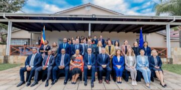 Minister Pholile Shakantu, EU Ambassador H.E. Karsten Mecklenburg, and EU Member State Ambassadors at the 2nd Eswatini-EU Partnership Dialogue in Ezulwini.