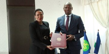 Minister of Foreign Affairs and International Relations Lejone Mpotjoane with a SADC official after signing the two regional protocols in Maseru.