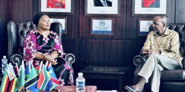 SADC Executive Secretary H.E. Elias M. Magosi with outgoing DRC Ambassador to Botswana H.E. Mrs. Emillie A. Mushobekwa during her farewell visit to the SADC Secretariat in Gaborone.