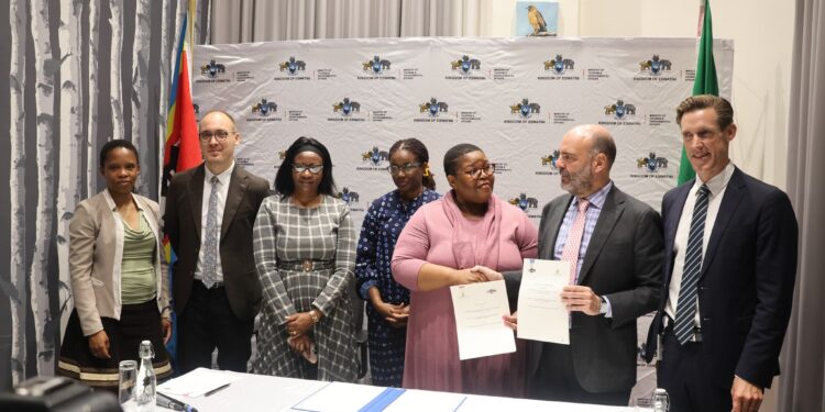 Principal Secretary Khangeziwe Mabuza and Italian Ambassador Gabriele Annis seal the new Eswatini–Italy environmental partnership with a handshake. Photo: Ministry of Tourism and Environmental Affairs