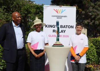 British High Commissioner Martine Sobey presents the Queen’s Baton to King Letsie III at the Royal Palace in Maseru ahead of the 2026 Commonwealth Games. Photo by Lesotho Ministry of Tourism, Sports, Arts and Culture