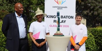 British High Commissioner Martine Sobey presents the Queen’s Baton to King Letsie III at the Royal Palace in Maseru ahead of the 2026 Commonwealth Games. Photo by Lesotho Ministry of Tourism, Sports, Arts and Culture