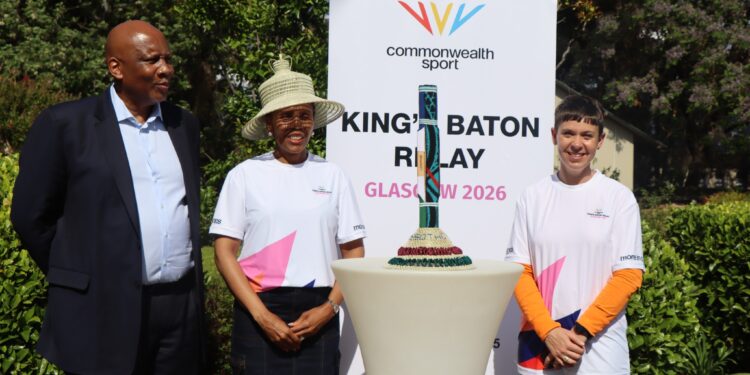 British High Commissioner Martine Sobey presents the Queen’s Baton to King Letsie III at the Royal Palace in Maseru ahead of the 2026 Commonwealth Games. Photo by Lesotho Ministry of Tourism, Sports, Arts and Culture