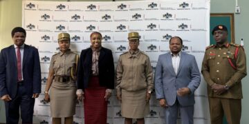 First Lieutenant Lomagugu Hlatshwako and Second Lieutenant Agape Simelane pose with Minister of ICT Hon. Savannah Maziya, HRH Prince Sicalo Dlamini, and PS Andreas Dlamini ahead of their deployment to the Khawla Bint Al Azwar Military School in Dubai. Photo by MICT