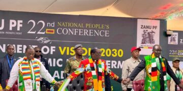The top three ZANUPF leaders, President Emmerson Mnangagwa, Vice-President Kembo Mohadi, and Vice-President General Constantino Chiwenga, pictured during the party conference in Mutare.