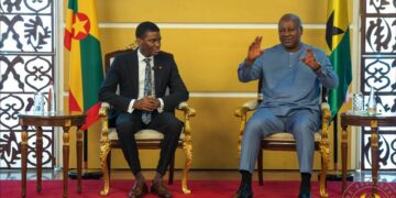 President John Dramani Mahama of Ghana meets Prime Minister Dickon Mitchell of Grenada at the Presidential office in Accra on Friday.