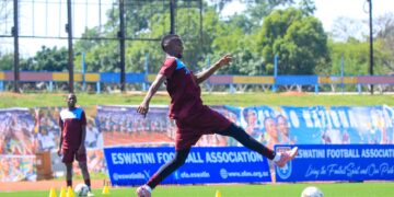 A Royal Leopard player sharpens his skills during a training session at Somhlolo National Stadium ahead of tomorrow’s CAF Confederation Cup clash against A.S Maniema Union. Photo: Royal Leopard FC Media