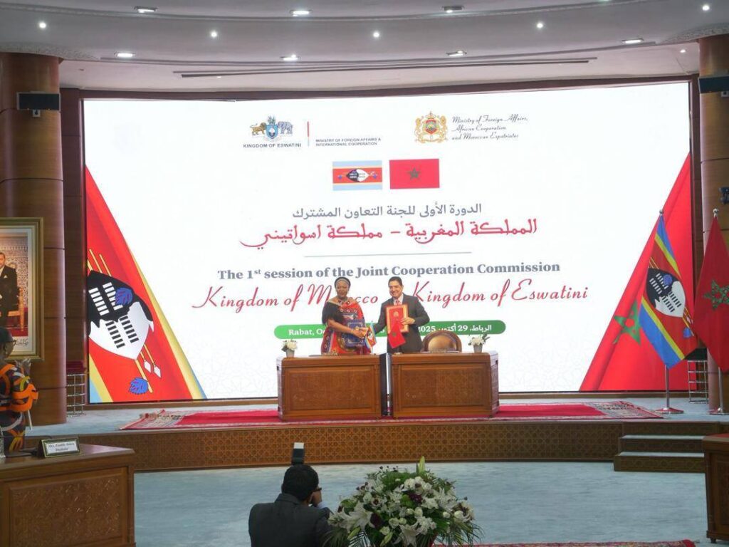 Foreign Affairs Minister Senator Pholile Shakantu with Morocco’s Minister of Foreign Affairs Nasser Bourita during the inaugural Eswatini–Morocco Joint Commission for Cooperation.