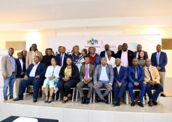 Minister Appolo Maphalala poses with mayors, council chairpersons, and urban development partners at the World Cities Day 2025 event in Mbabane.