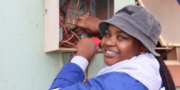 Andile Nomonde Tsabedze from Golweni, Lubombo, using her electrician toolkit provided by the Eswatini National Youth Council to build her career and support her family.