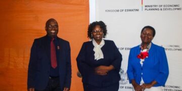 Nombulelo Dlamini, Director of the National Population Unit, with Lungile Ginindza and Lucas Jele from UNFPA Eswatini during the 2025 State of the World Population Report dissemination workshop held at Piggs Peak Hotel. (Photo by Ministry of Economic Planning and Development)