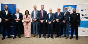 Finance Minister Neal Rijkenberg, ERS Commissioner General Brightwell Nkambule, EU Ambassador Karsten Mecklenburg, and other stakeholders pose during the Financial Investigation and Asset Recovery training in Ezulwini