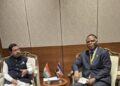 His Royal Highness Prince Lonkhokhela and India’s Minister of New and Renewable Energy, Hon. Pralhad Joshi, during their bilateral meeting at the International Solar Alliance Assembly in New Delhi, India.
