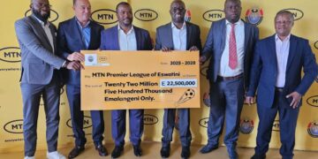 MTN Eswatini CEO, Acting Minister of Sports, Culture and Youth Affairs Sikhumbuzo Dlamini, PLE and Eswatini Football Association boards' leadership have a photo opportunity. | Courtesy pic