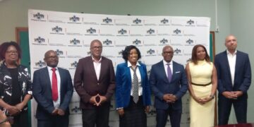 ICT Minister Savannah Maziya with newly appointed ESCCOM Chairperson E. Nathi Dlamini and members of the new board during the announcement in Mbabane. Photo by Khulekile Mhlanga.