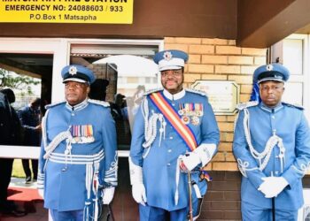 Chief Fire Officer Luke Lushaba, King Mswati and another Senior Fire Officer during the National Fire Day(pic: Gov).