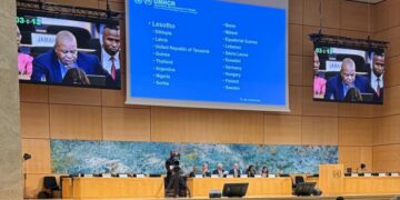 Honourable Lebona Lephema, Minister of Local Government, Chieftainship, Home Affairs and Police, delivers Lesotho’s statement at the 76th Session of the UNHCR Executive Committee in Geneva.