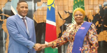 President Netumbo Nandi-Ndaitwah of Namibia welcomes President Duma Gideon Boko of Botswana to State House for the second session of the Namibia–Botswana Bi-National Commission.