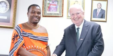 Minister S’khumbuzo Dlamini with British High Commissioner Colin Wells during a courtesy visit at the Ministry of Tinkhundla Administration and Development in Mbabane.