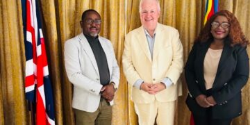World Vision Eswatini National Director Amos William Zaindi, together with Operations Director Ms. Sakhile Dlamini, meets with British High Commissioner Colin Wells. Photo by World Vision Eswatini