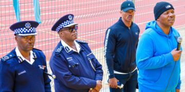 National Commissioner of Police Manoma Vusie Masango addresses Royal Leopard players, urging them to maintain focus ahead of the second leg match this Saturday.