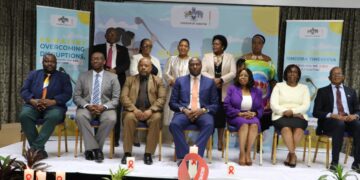 Prime Minister Russell Mmiso Dlamini, Minister of Health Mduduzi Matsebula, and stakeholders pose during the World AIDS Day 2025 launch in Mbabane.